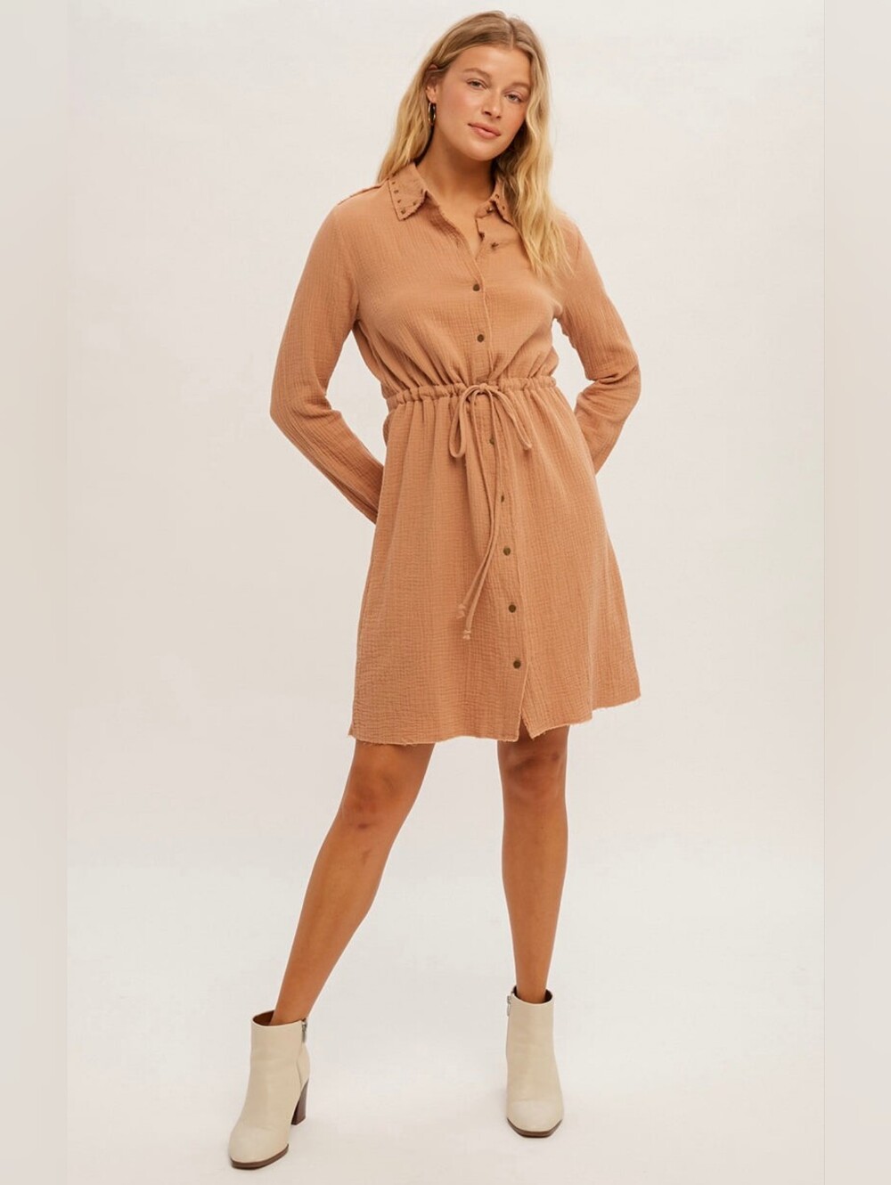 Women's Button-Front Gauzy Dress in Camel